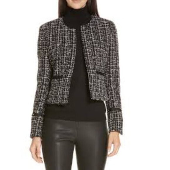 BOSS Hugo Boss Kalali Cropped Tweed Blazer Jacket Black White Size 12 - Picture 2 of 8